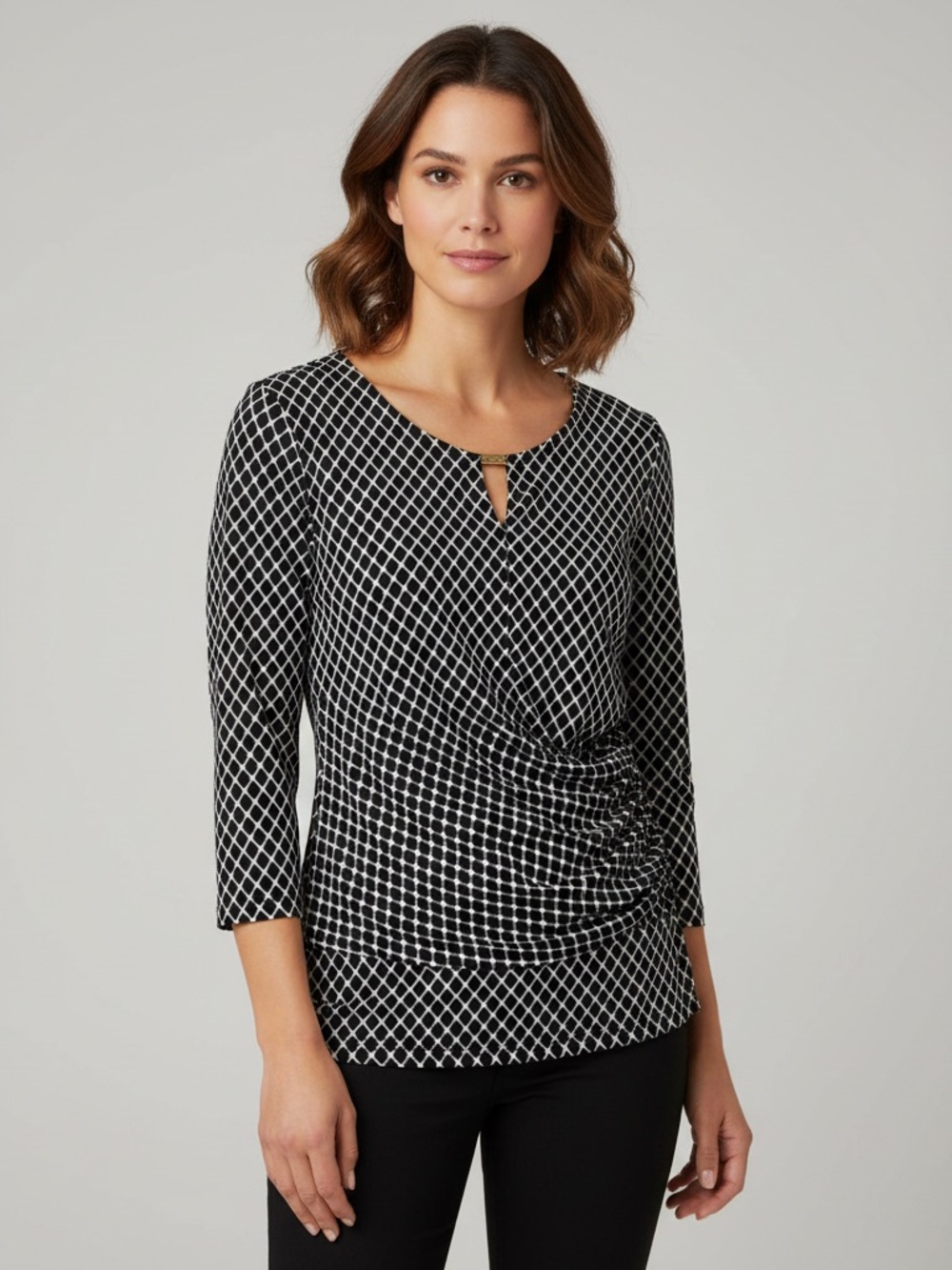 New York & Company Black White Geometric Ruched 3/4 Sleeve Blouse M